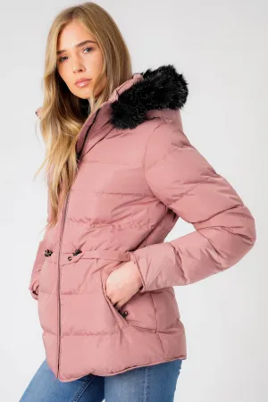 Jasmin Quilted Puffer Jacket With Faux Fur Trim Hood In Nostalgia Rose - Tokyo Laundry