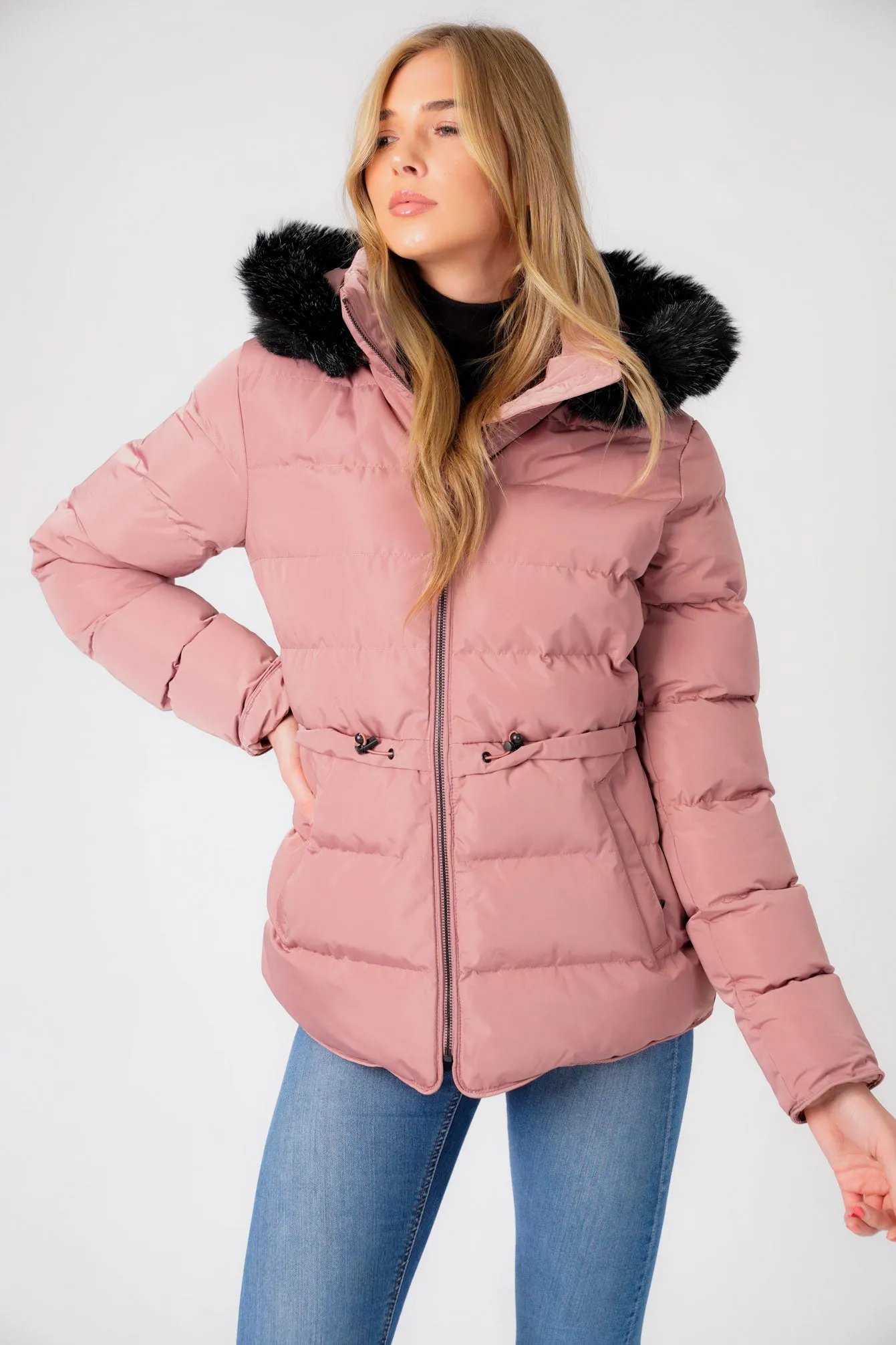 Jasmin Quilted Puffer Jacket With Faux Fur Trim Hood In Nostalgia Rose - Tokyo Laundry