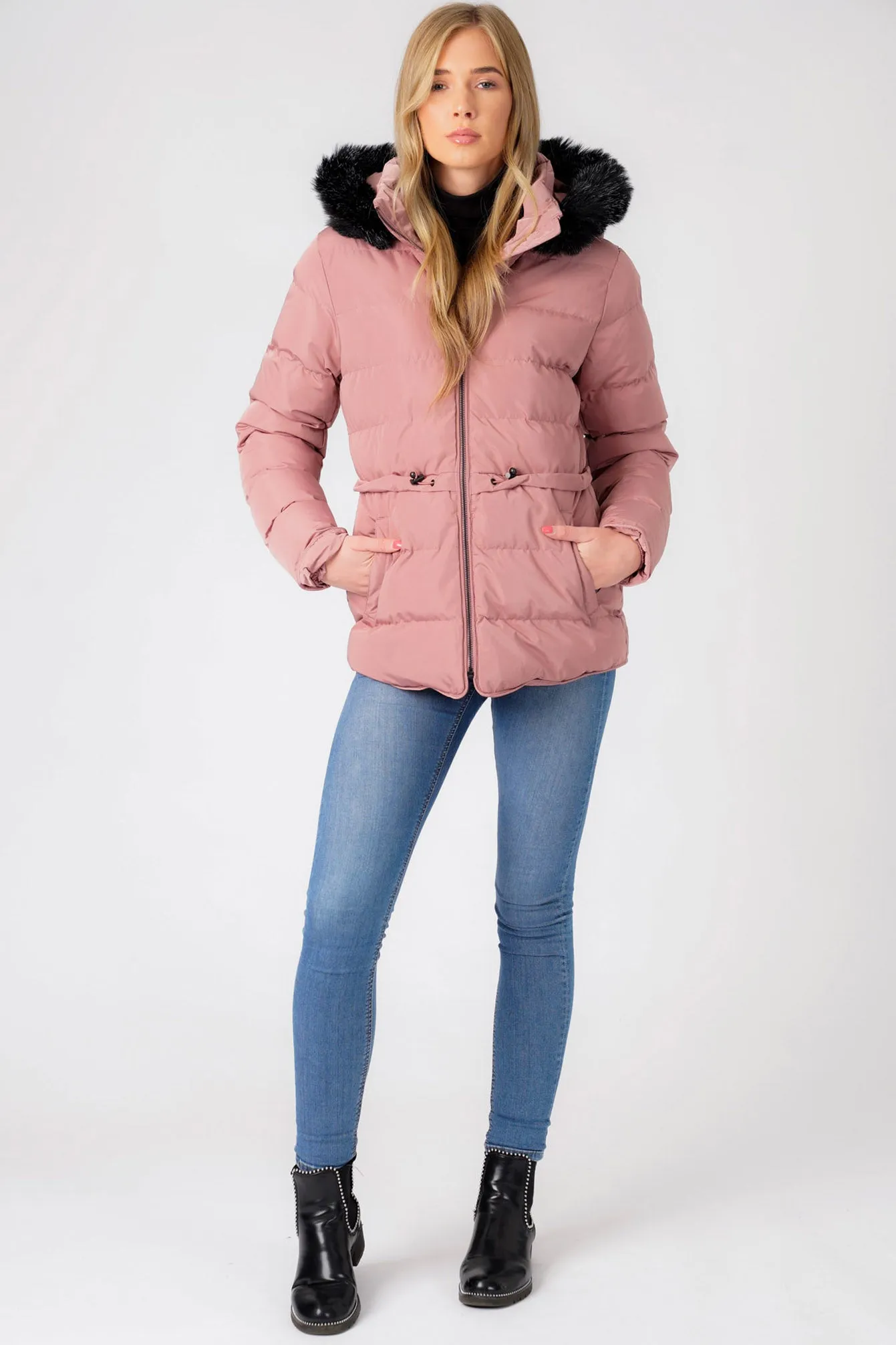Jasmin Quilted Puffer Jacket With Faux Fur Trim Hood In Nostalgia Rose - Tokyo Laundry