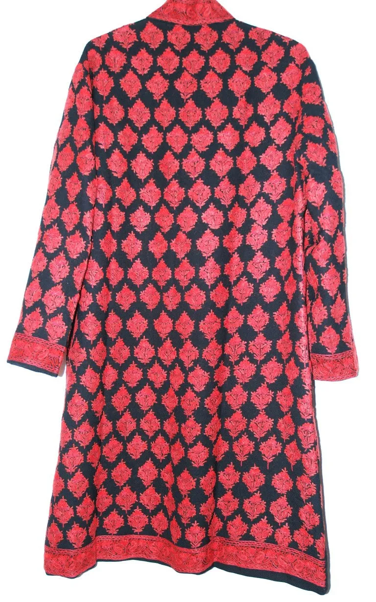 Kashmiri Woolen Coat Black, Red Embroidery #AO-139