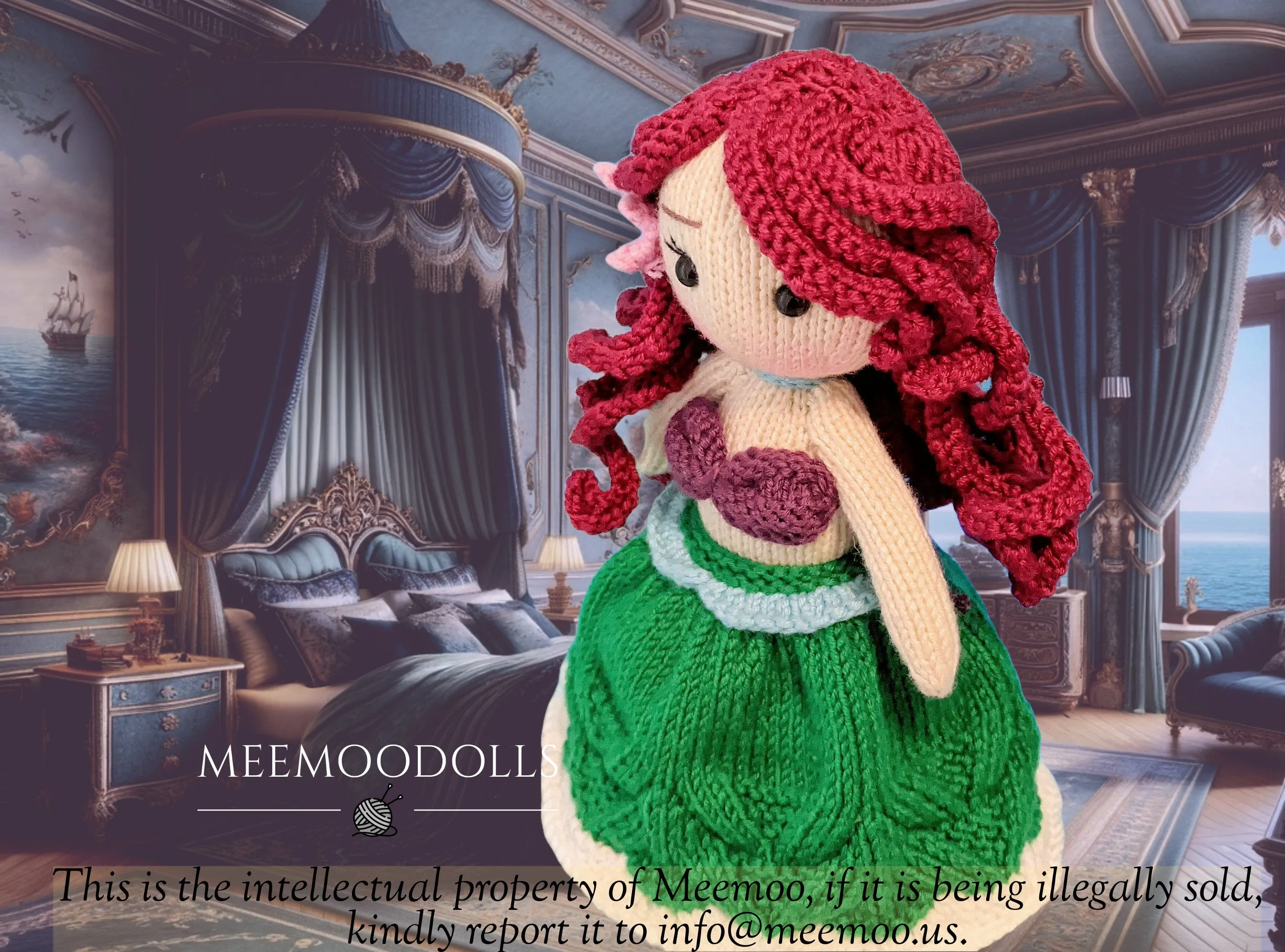 Knit Red Hair princess. Knitted toy Patterns. Meemoodolls.