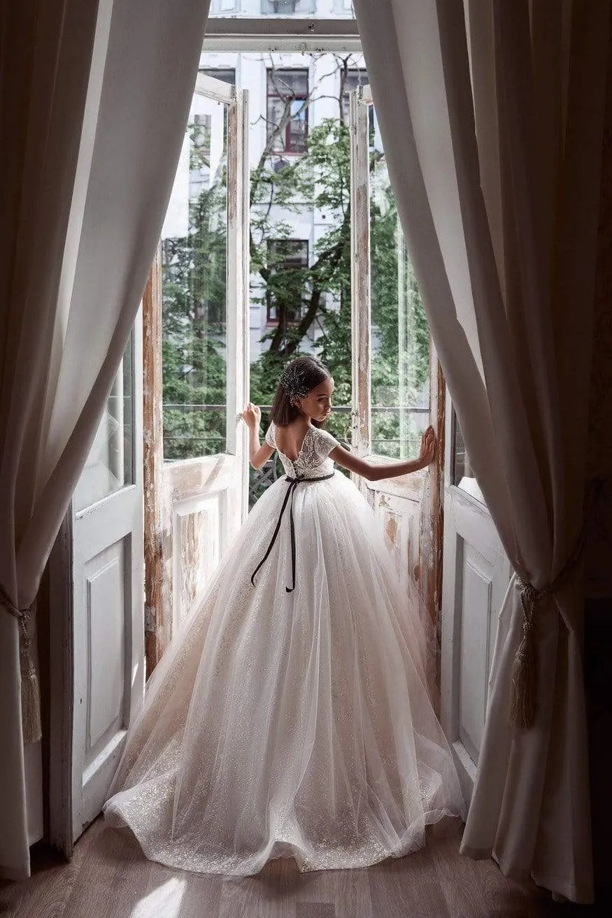 Lace Sleeve Tulle Flowergirl Dress with Open Back