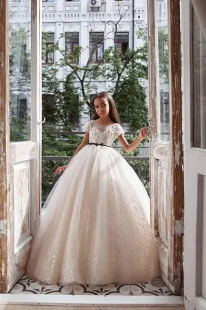 Lace Sleeve Tulle Flowergirl Dress with Open Back