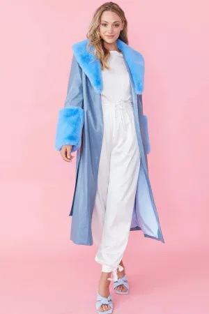 Ladies Blue Faux Leather Jacket with Detachable Faux Fur Cuffs and Collar