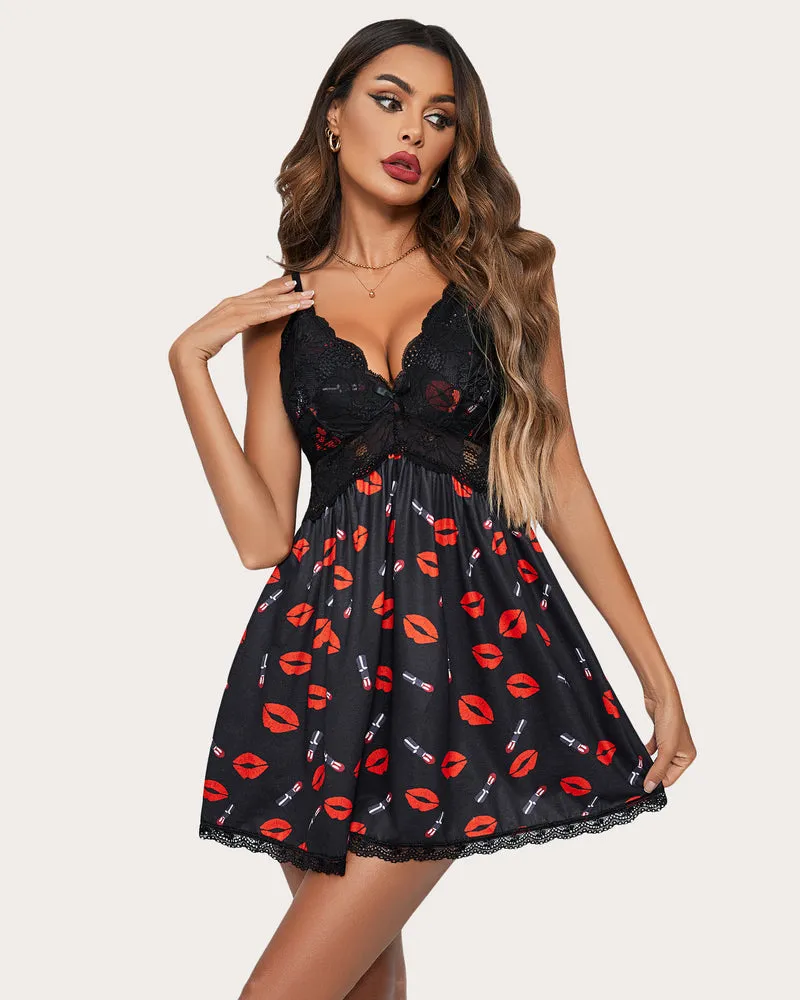 Leopard Lace Print V-Neck Full Slip Dress