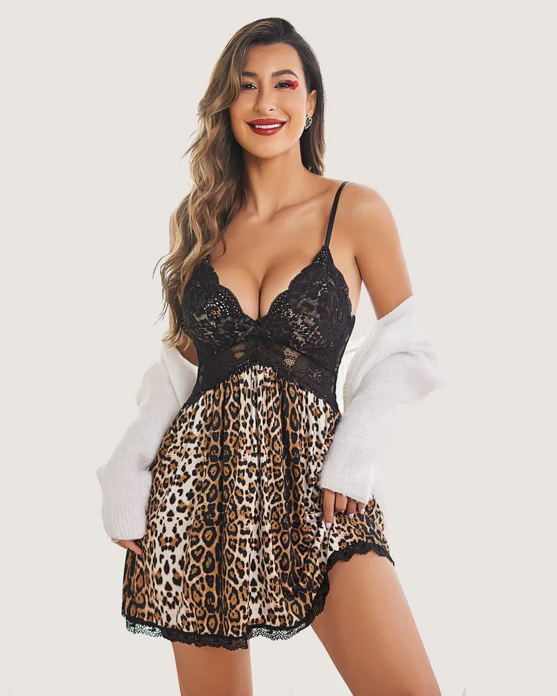 Leopard Lace Print V-Neck Full Slip Dress