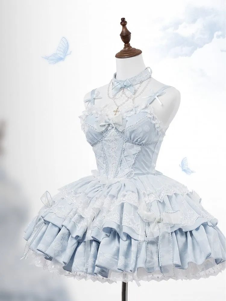 Light Blue Boned Corset Waist Layered Dress Balletcore Lolita Jumper Skirt