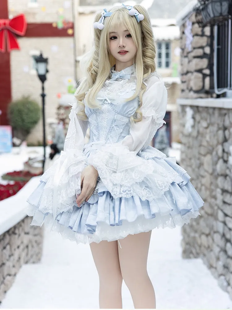Light Blue Boned Corset Waist Layered Dress Balletcore Lolita Jumper Skirt