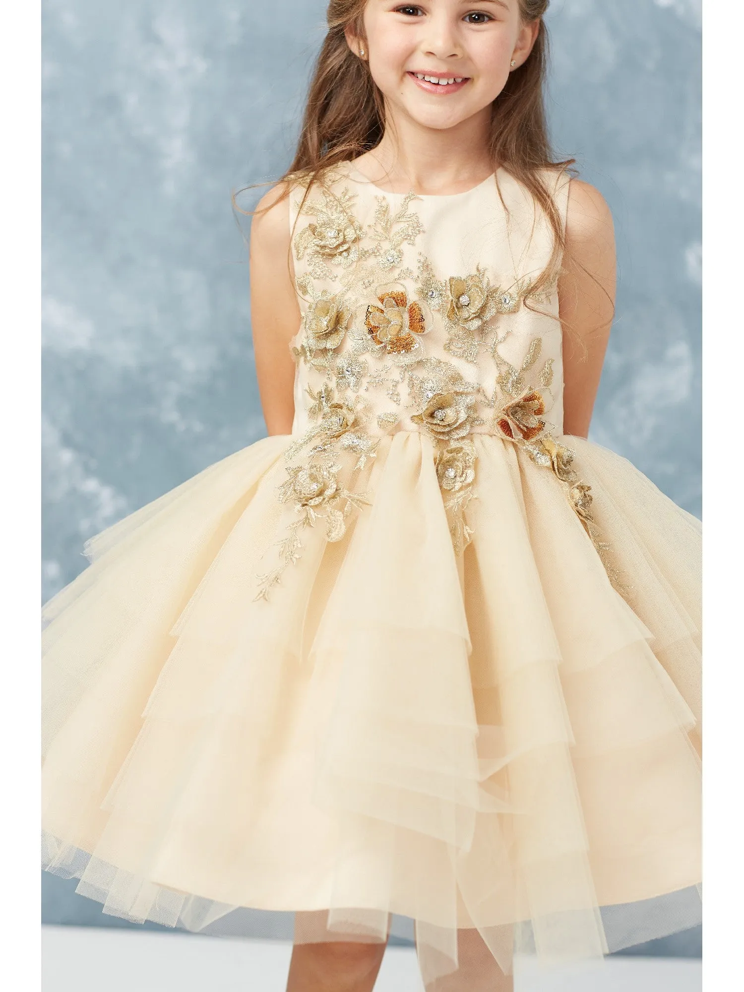 Little Girls Champagne Lace Layered Tulle Pageant Easter Dress 2-6