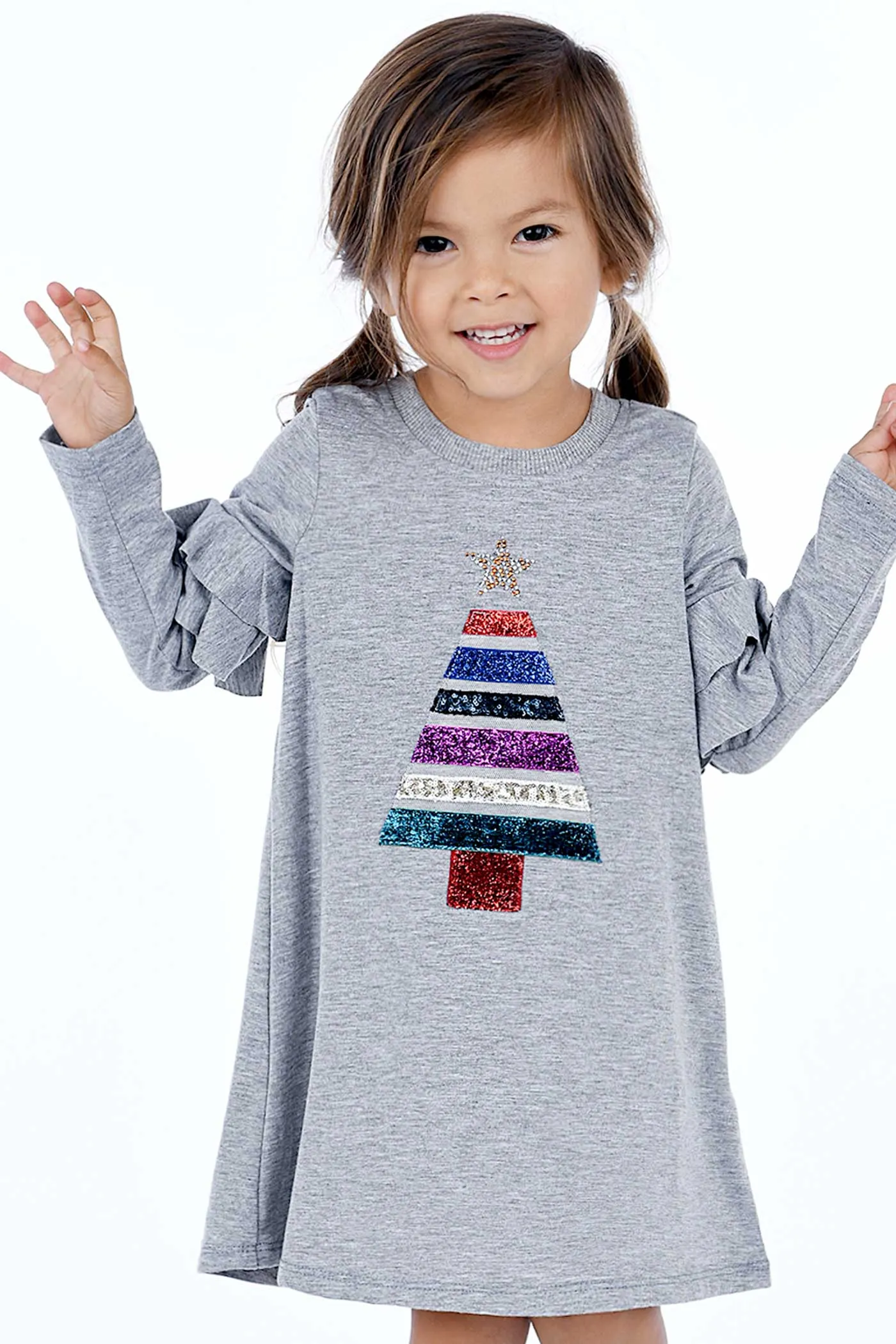 Little Girls Christmas Tree Long Sleeve Dress