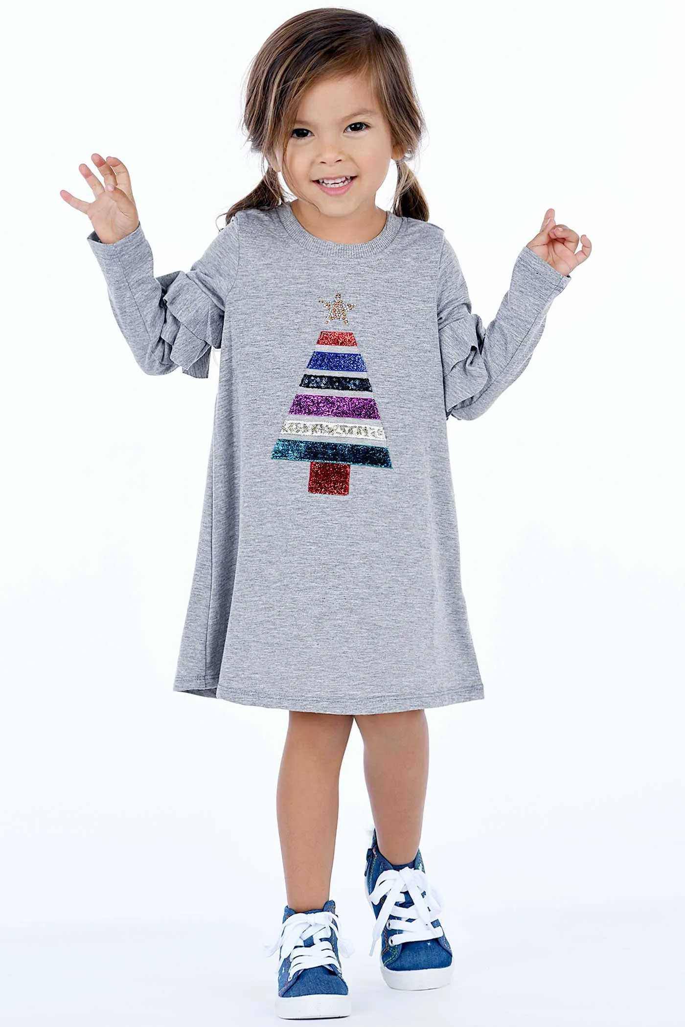 Little Girls Christmas Tree Long Sleeve Dress