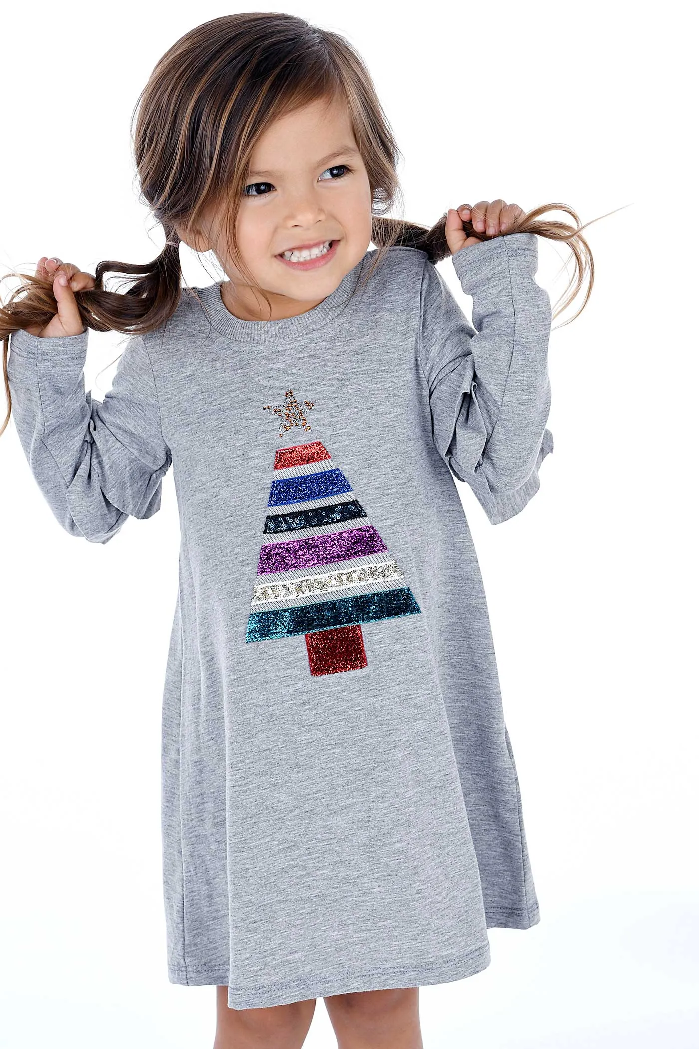 Little Girls Christmas Tree Long Sleeve Dress