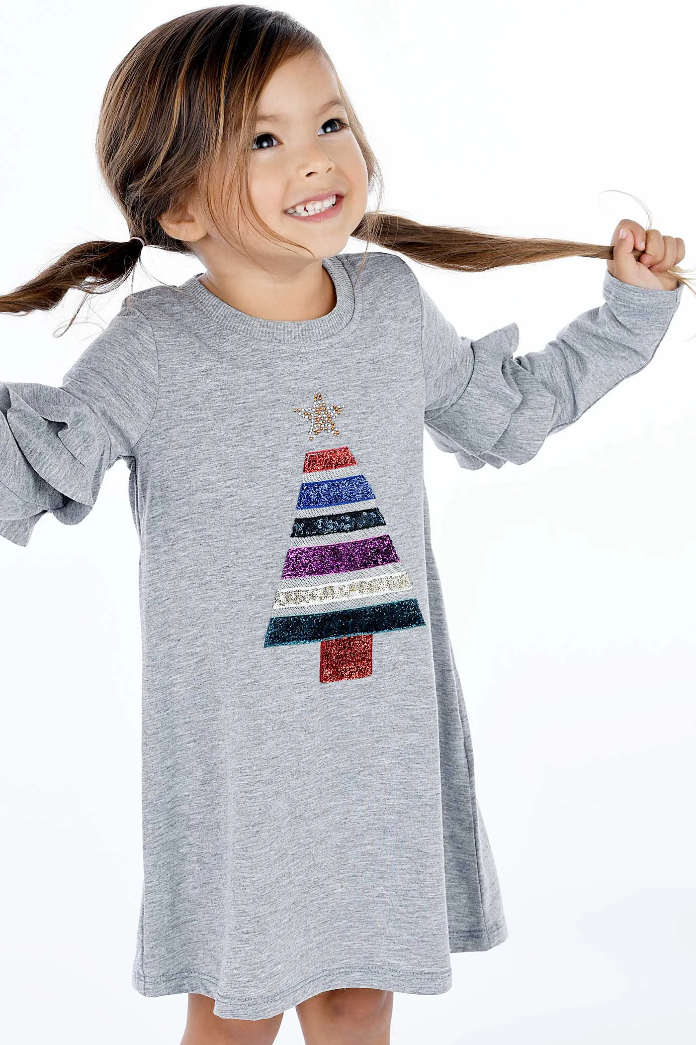 Little Girls Christmas Tree Long Sleeve Dress