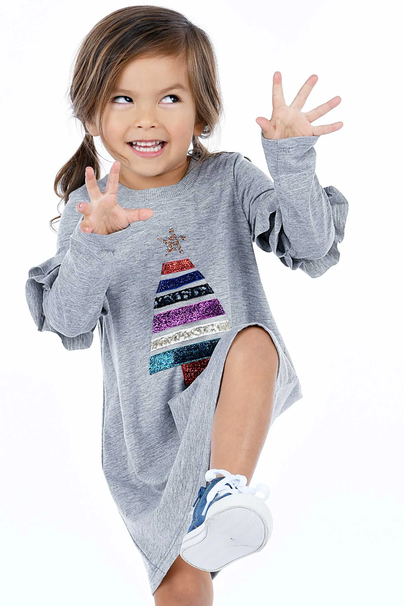 Little Girls Christmas Tree Long Sleeve Dress