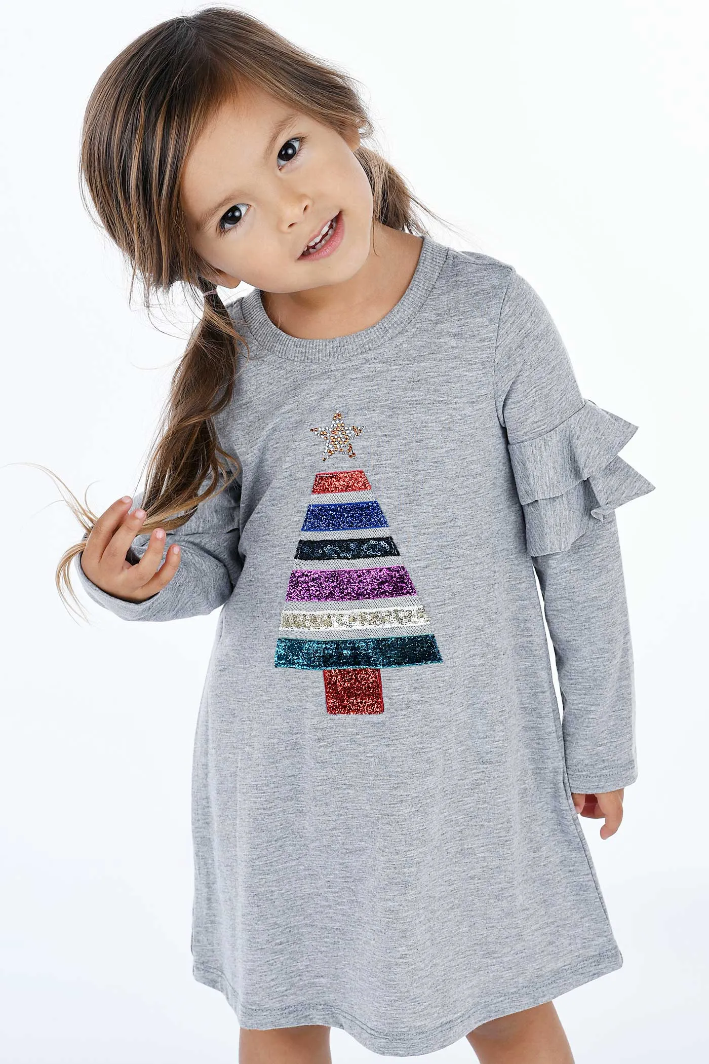 Little Girls Christmas Tree Long Sleeve Dress