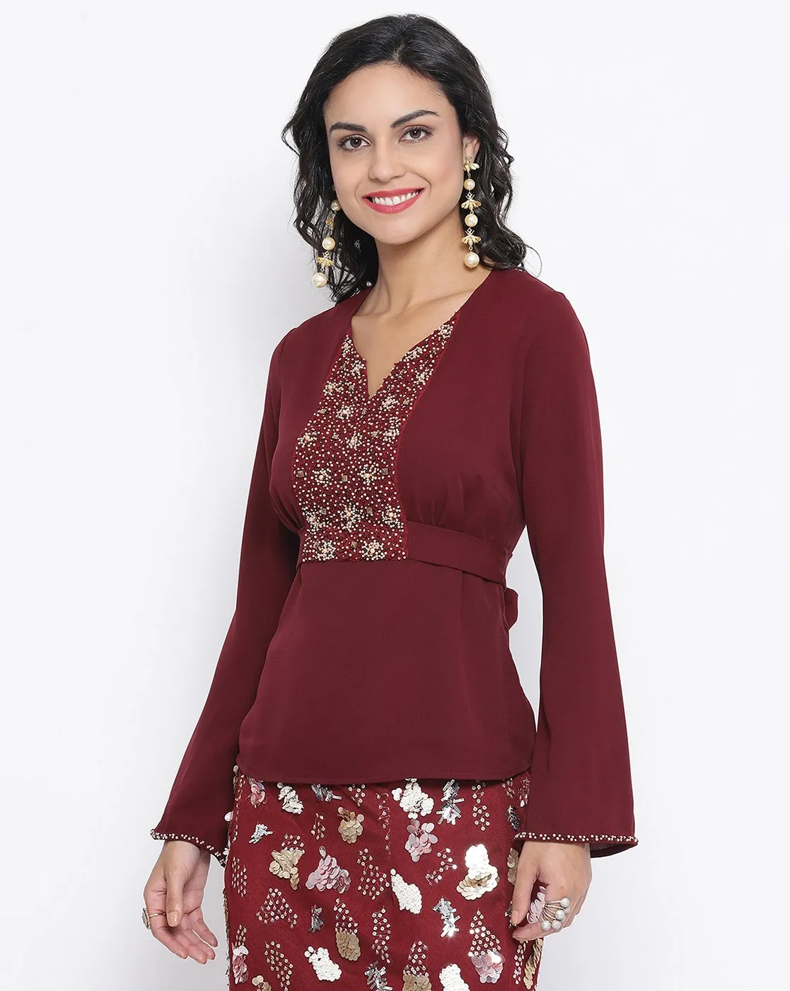 Maroon Top With Emb At Yoke With Back Tie Knot