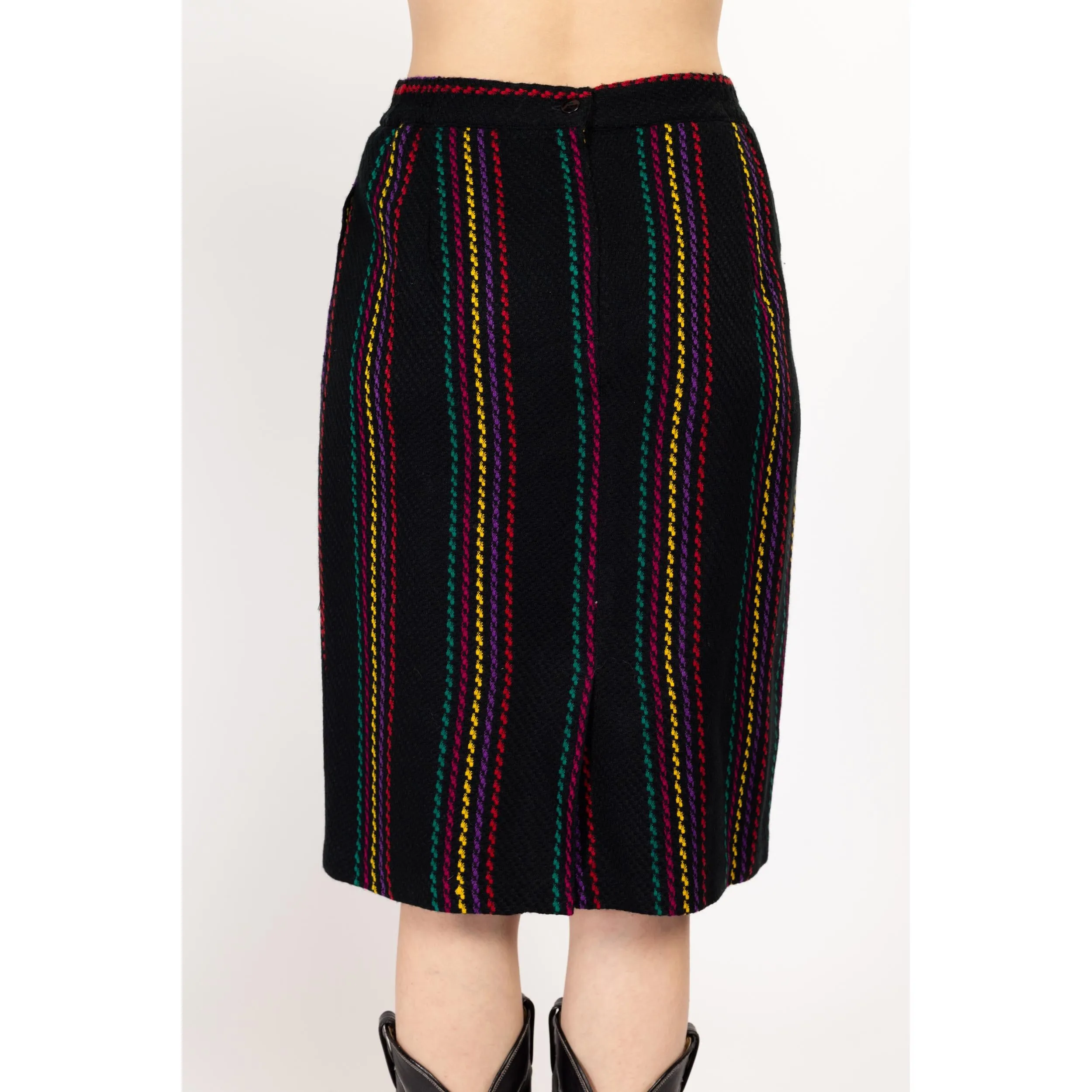 Medium 80s Black Rainbow Striped Knit Midi Skirt
