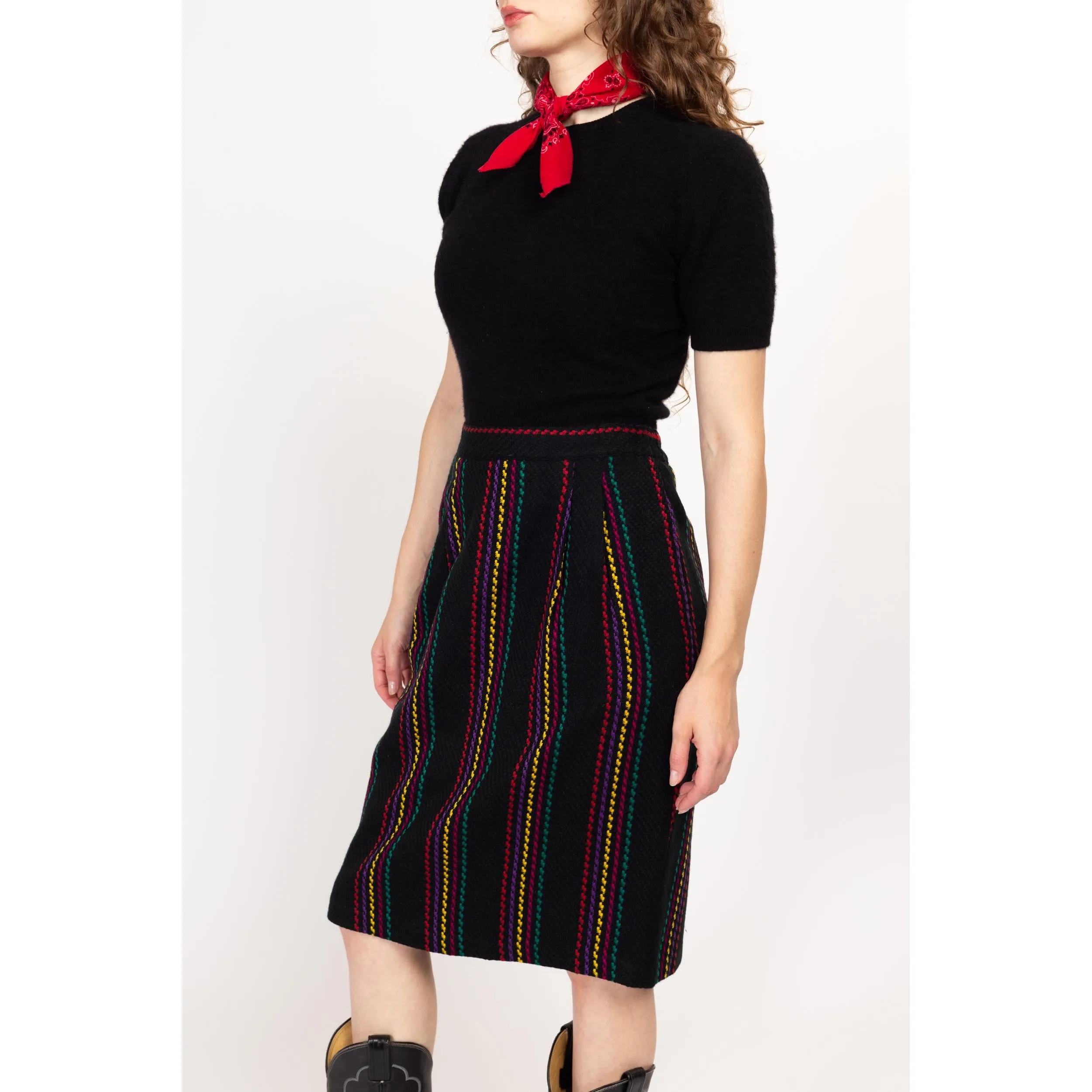 Medium 80s Black Rainbow Striped Knit Midi Skirt