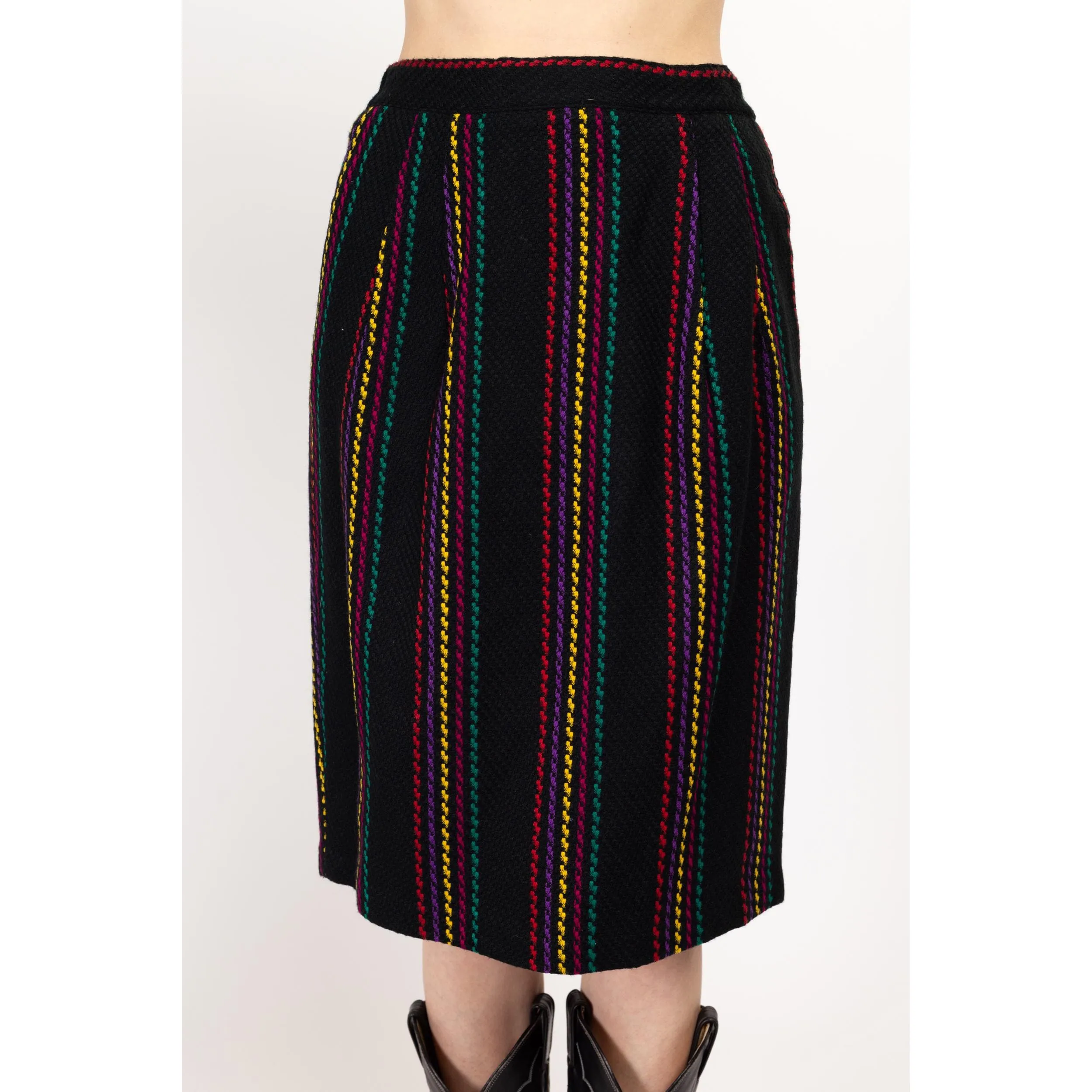 Medium 80s Black Rainbow Striped Knit Midi Skirt