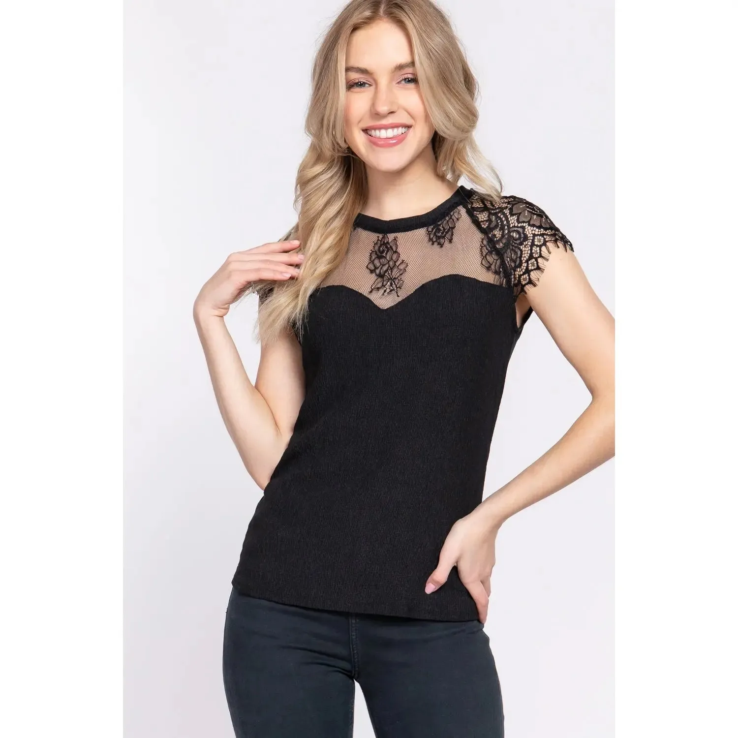 Midnight Madness Lace Ruffle Sleeve Crew Neck Sweetheart Top