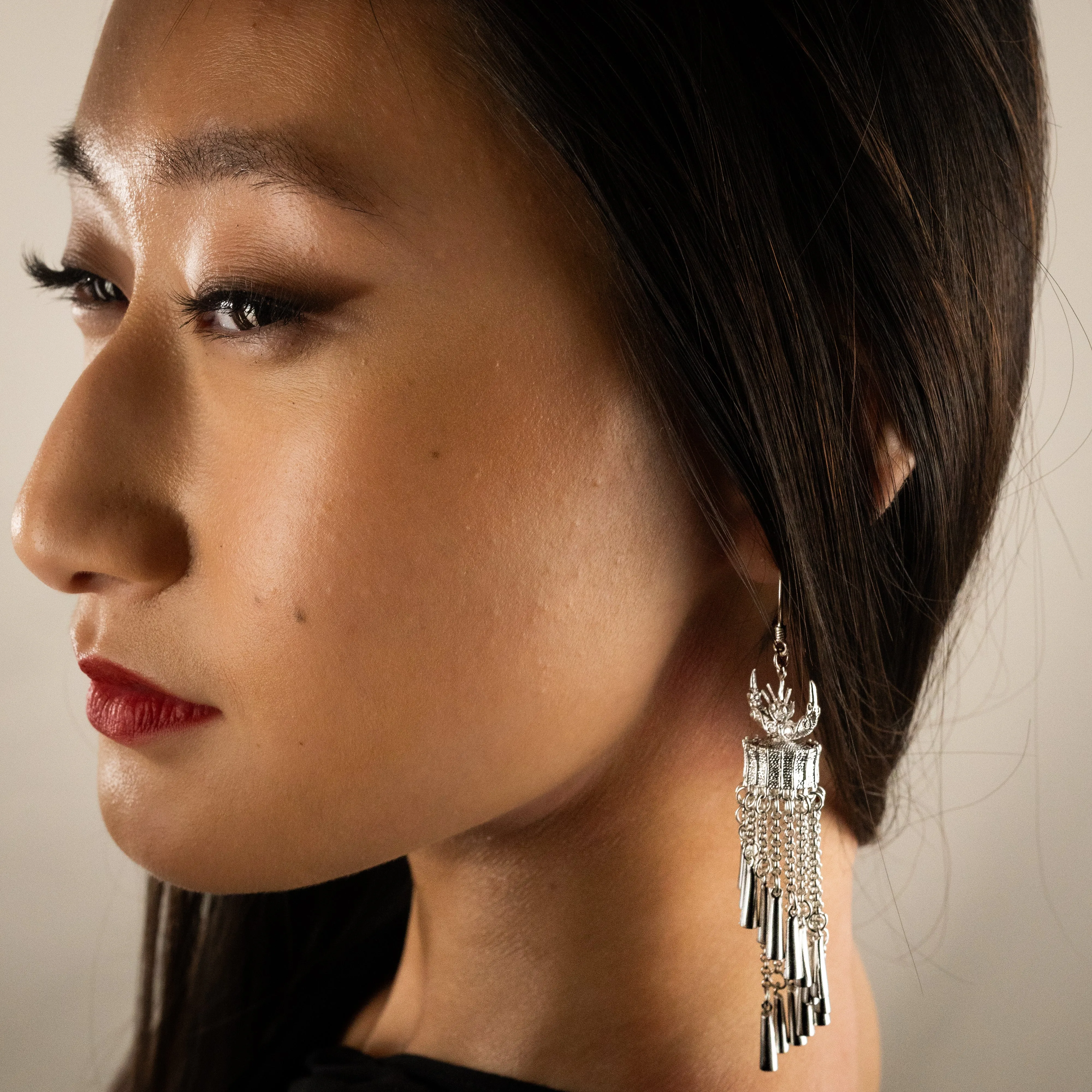 Mini Silver Horn Tassel Earrings