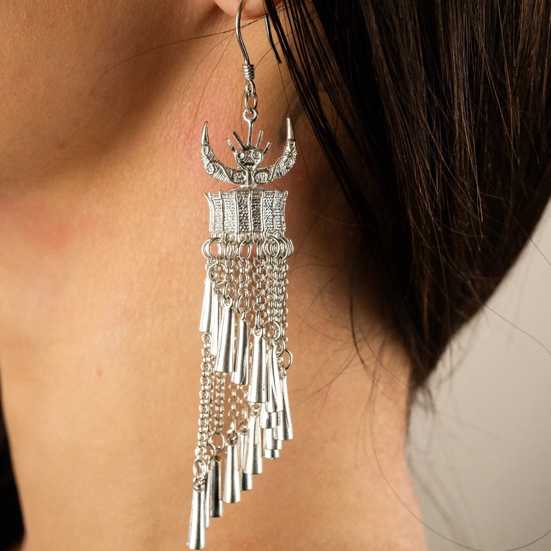 Mini Silver Horn Tassel Earrings