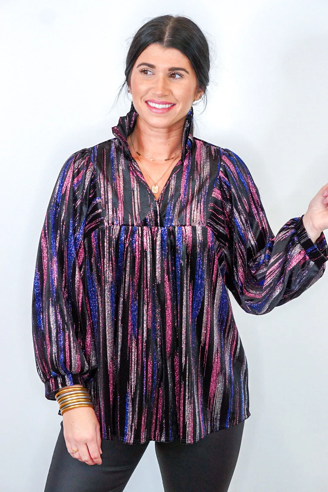 Multicolor Glittering Black Babydoll Top