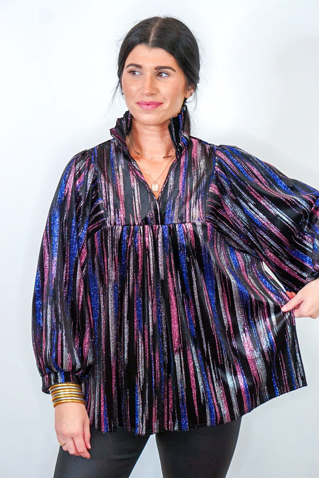 Multicolor Glittering Black Babydoll Top
