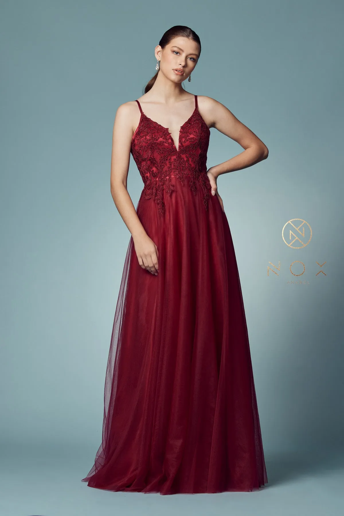 N R357 - A-line Prom Gown with Beaded Lace Embroidered V-Neck Bodice & Layered Tulle Skirt
