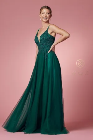 N R357 - A-line Prom Gown with Beaded Lace Embroidered V-Neck Bodice & Layered Tulle Skirt