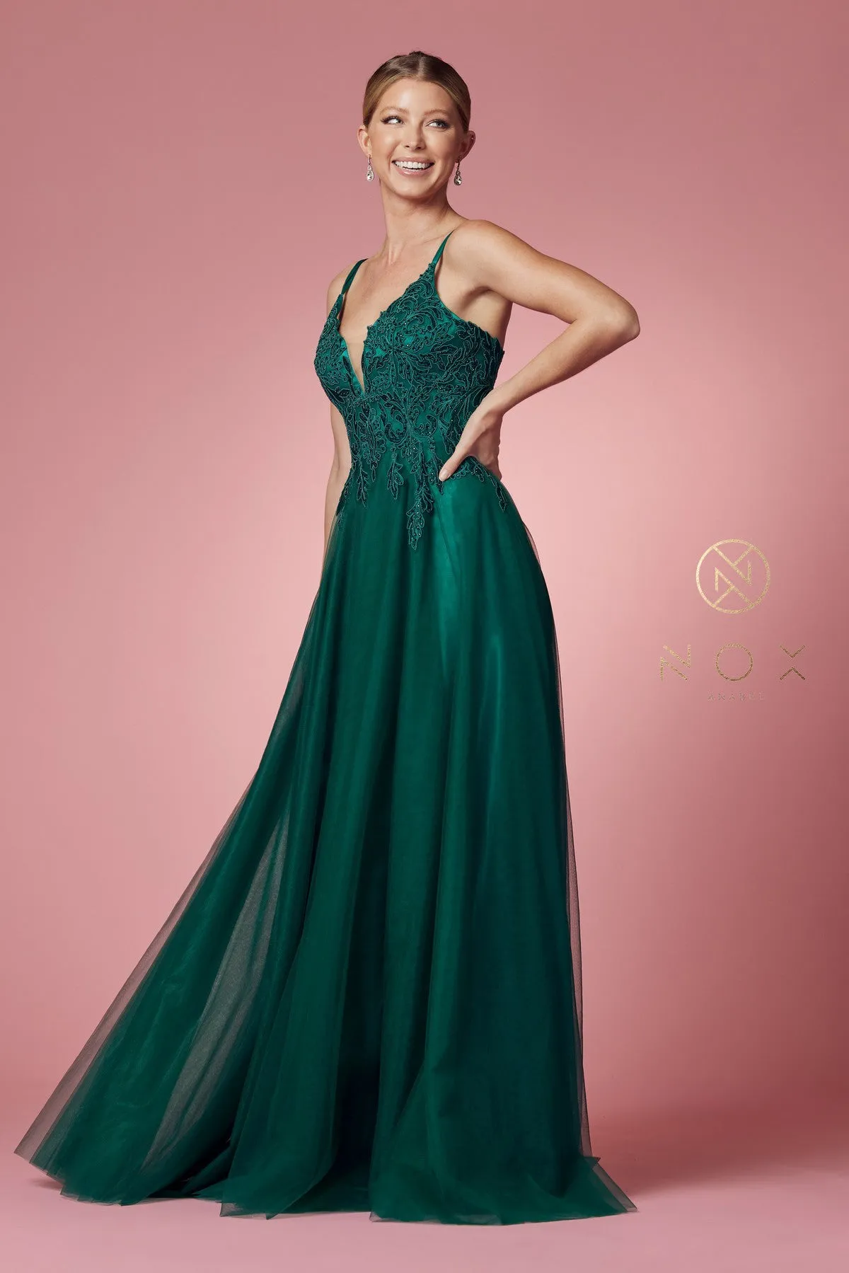 N R357 - A-line Prom Gown with Beaded Lace Embroidered V-Neck Bodice & Layered Tulle Skirt