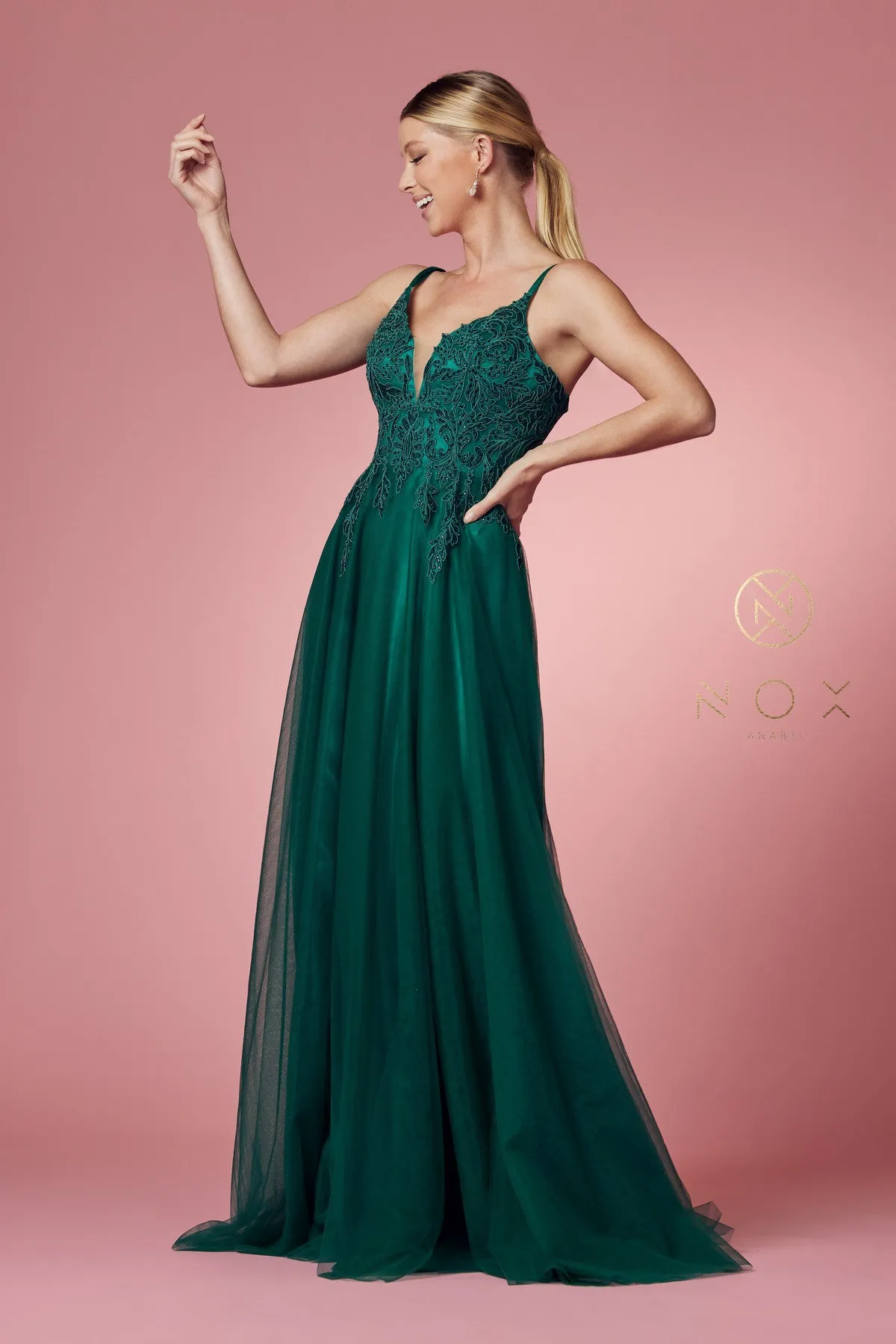 N R357 - A-line Prom Gown with Beaded Lace Embroidered V-Neck Bodice & Layered Tulle Skirt