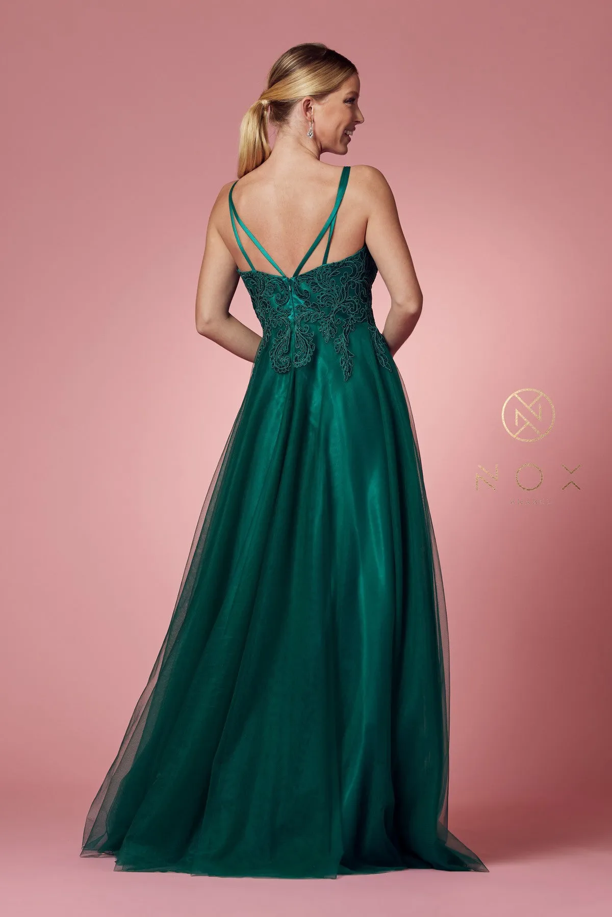 N R357 - A-line Prom Gown with Beaded Lace Embroidered V-Neck Bodice & Layered Tulle Skirt