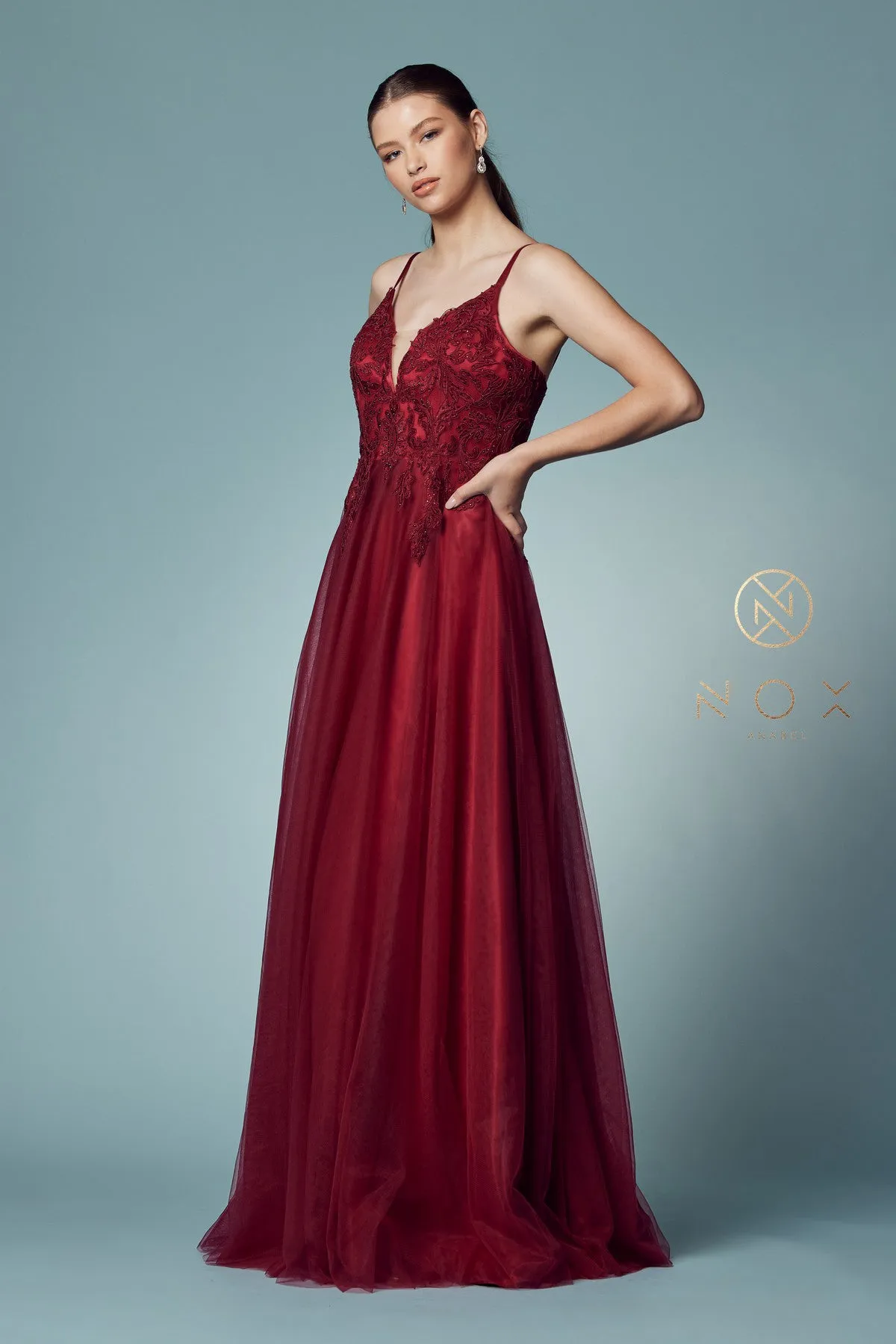 N R357 - A-line Prom Gown with Beaded Lace Embroidered V-Neck Bodice & Layered Tulle Skirt