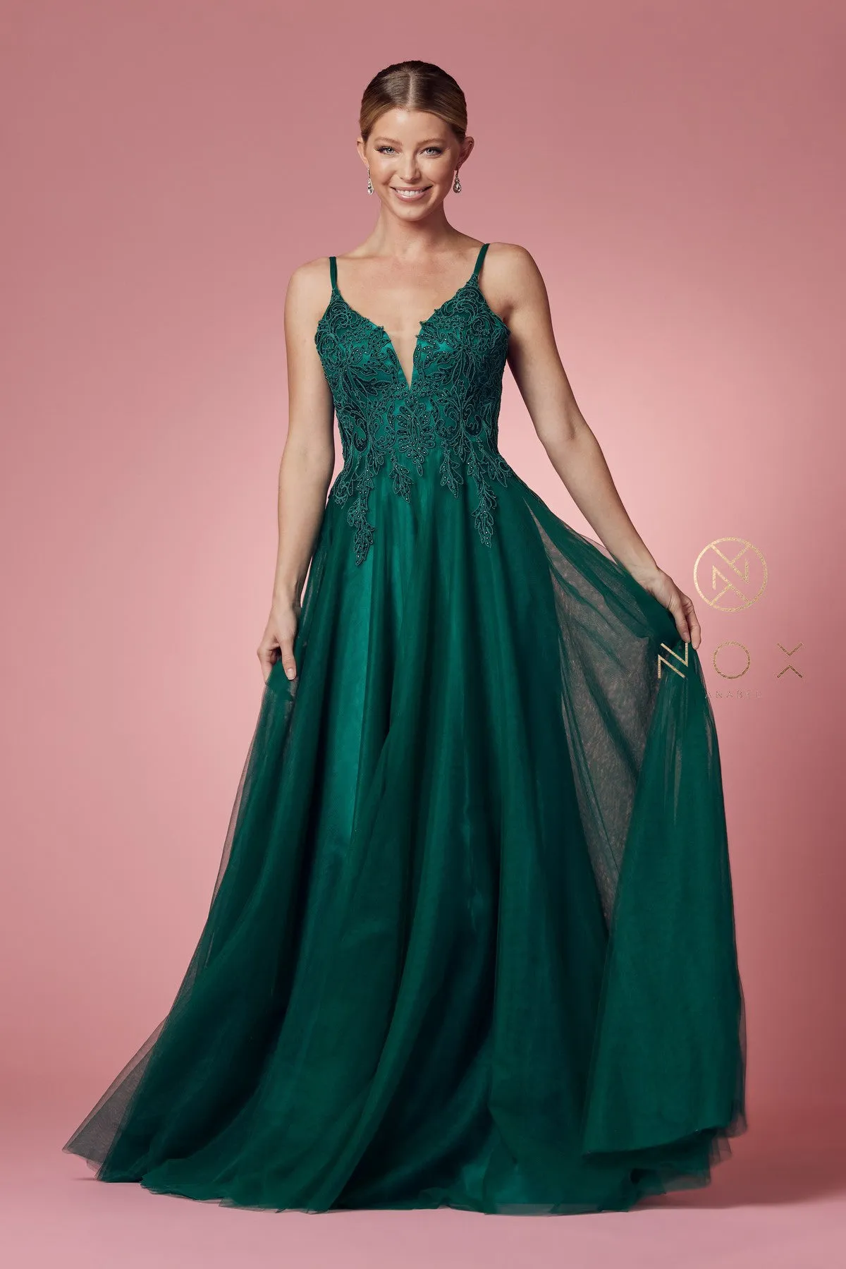 N R357 - A-line Prom Gown with Beaded Lace Embroidered V-Neck Bodice & Layered Tulle Skirt