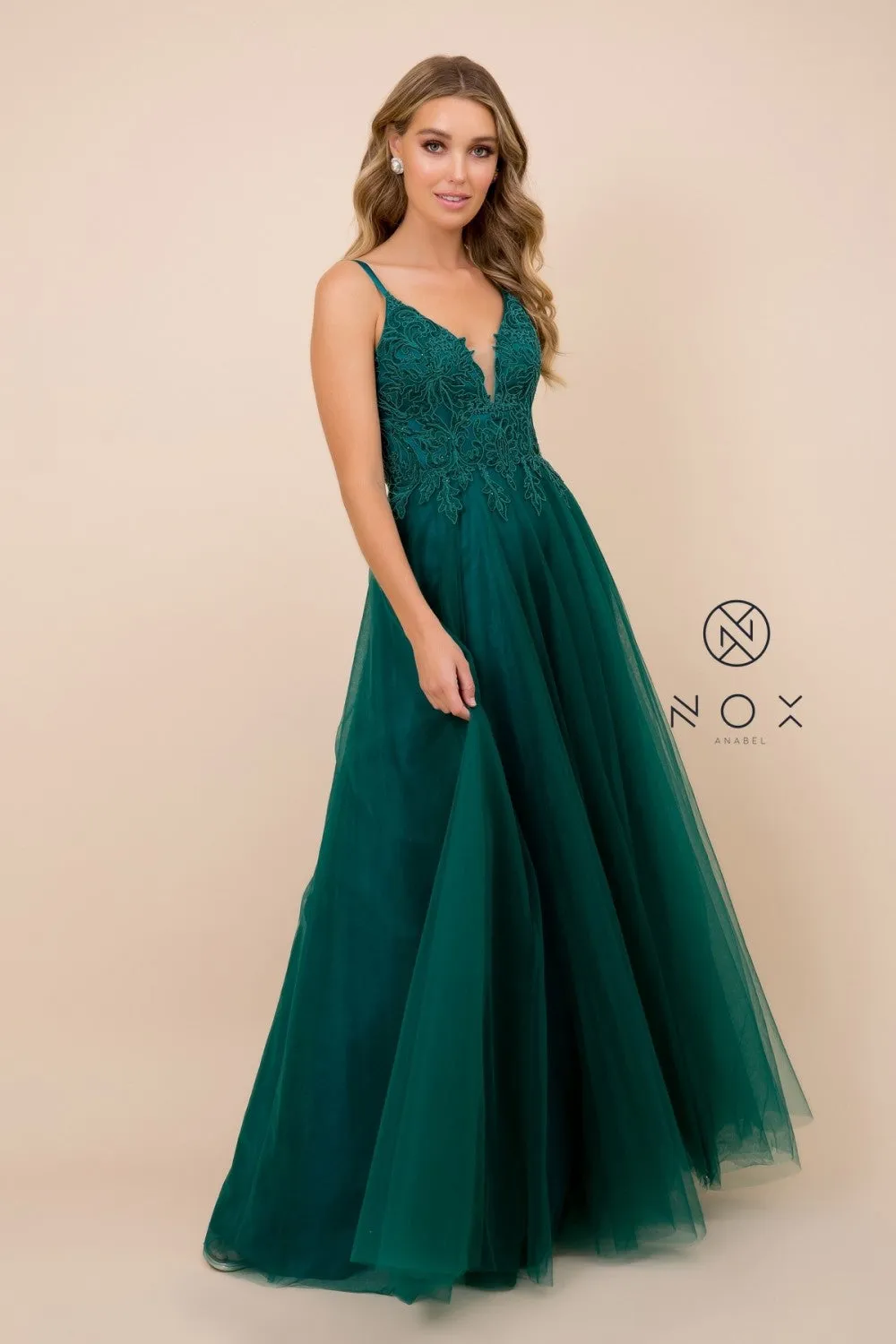 N R357 - A-line Prom Gown with Beaded Lace Embroidered V-Neck Bodice & Layered Tulle Skirt