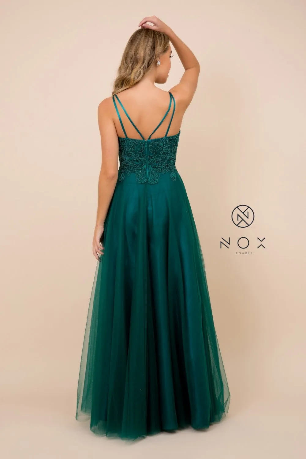 N R357 - A-line Prom Gown with Beaded Lace Embroidered V-Neck Bodice & Layered Tulle Skirt