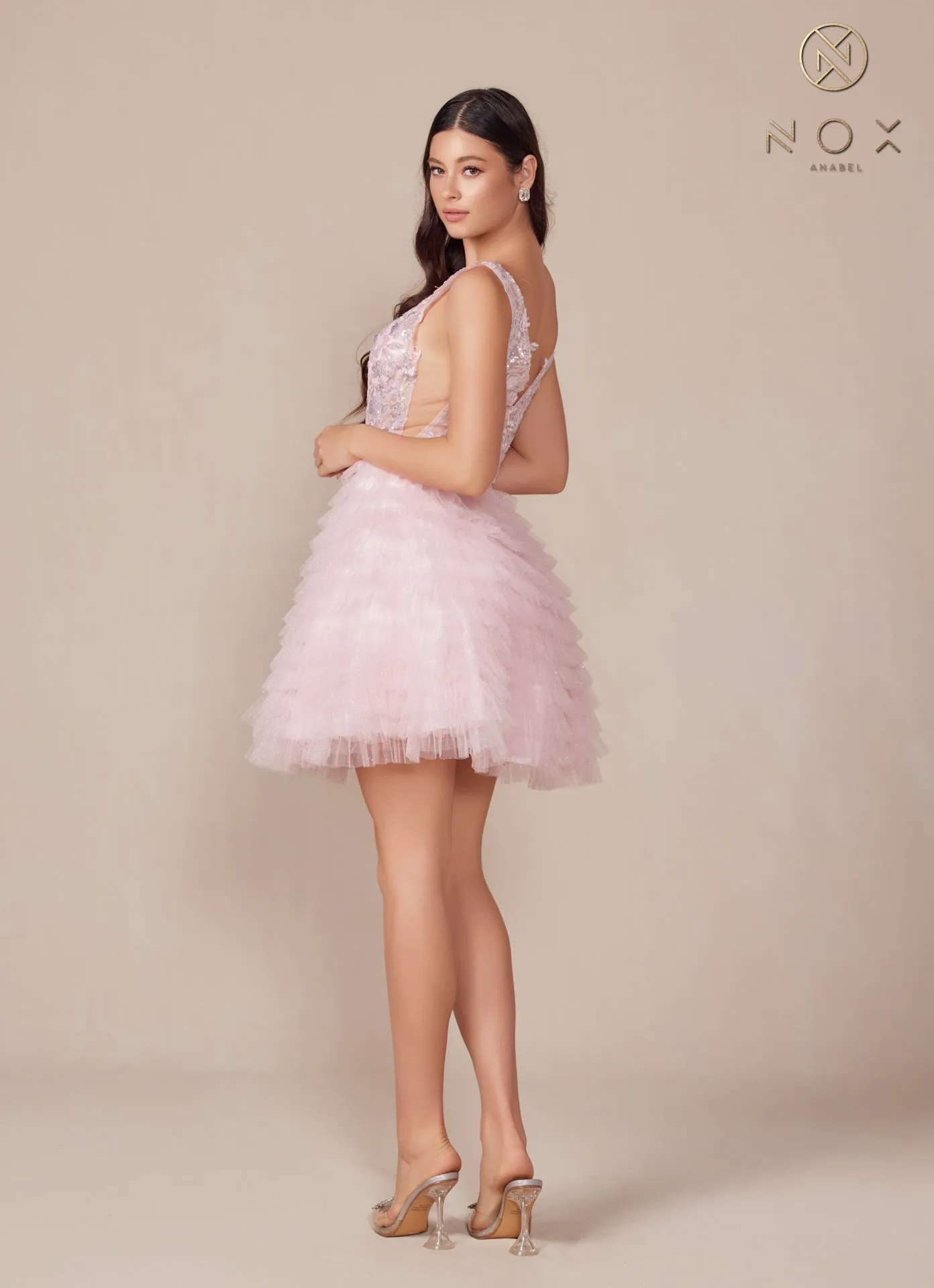 N R883 - Short Shimmery Tulle A-line Homecoming Dress with Sheer Embellished V-Neck Bodice & Layered Ruffle Skirt