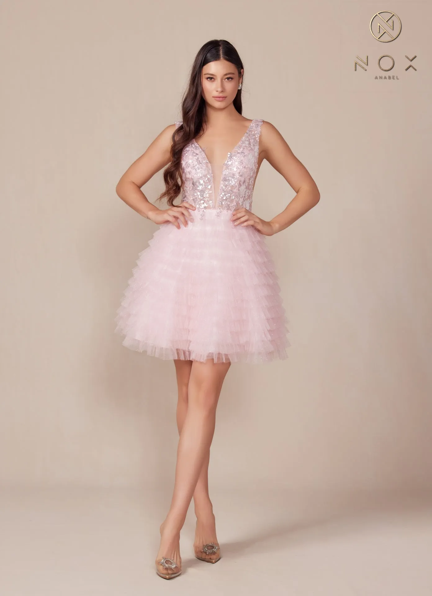 N R883 - Short Shimmery Tulle A-line Homecoming Dress with Sheer Embellished V-Neck Bodice & Layered Ruffle Skirt