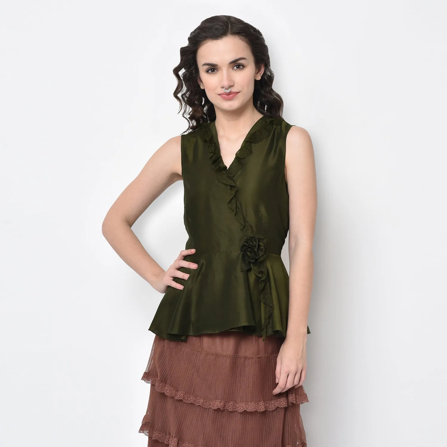 Olive Overlap Frill Top