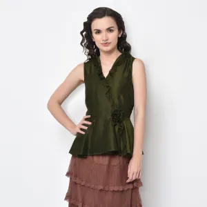 Olive Overlap Frill Top
