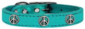 Peace Sign Widget Genuine Metallic Leather Dog Collar Turquoise 10