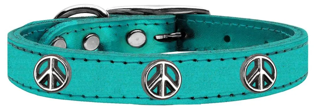 Peace Sign Widget Genuine Metallic Leather Dog Collar Turquoise 10