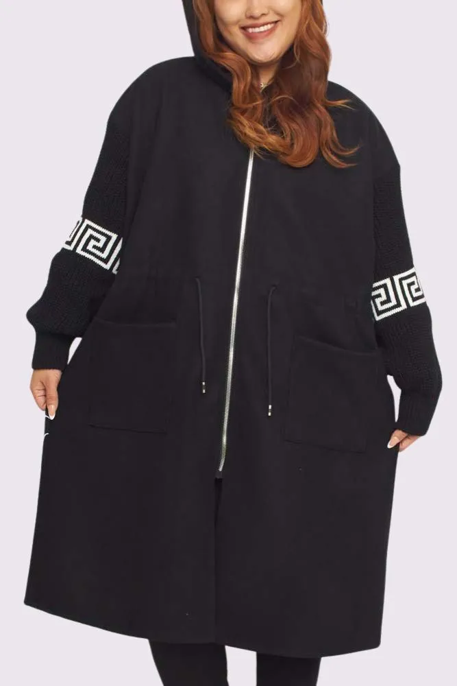 Plain Greek Key Knit Sleeve Waist String Jacket