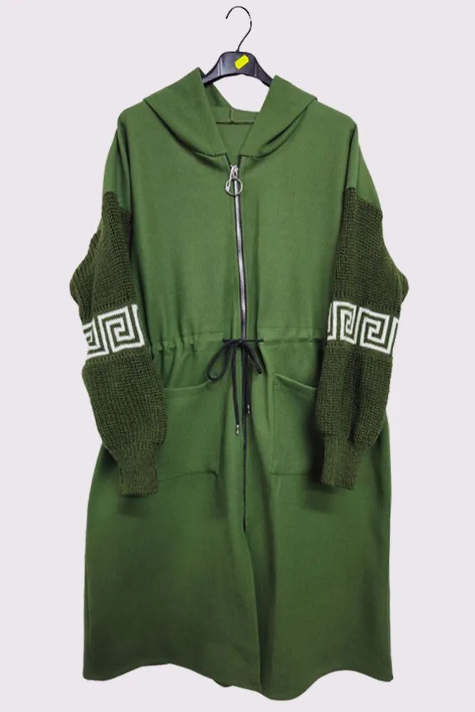 Plain Greek Key Knit Sleeve Waist String Jacket
