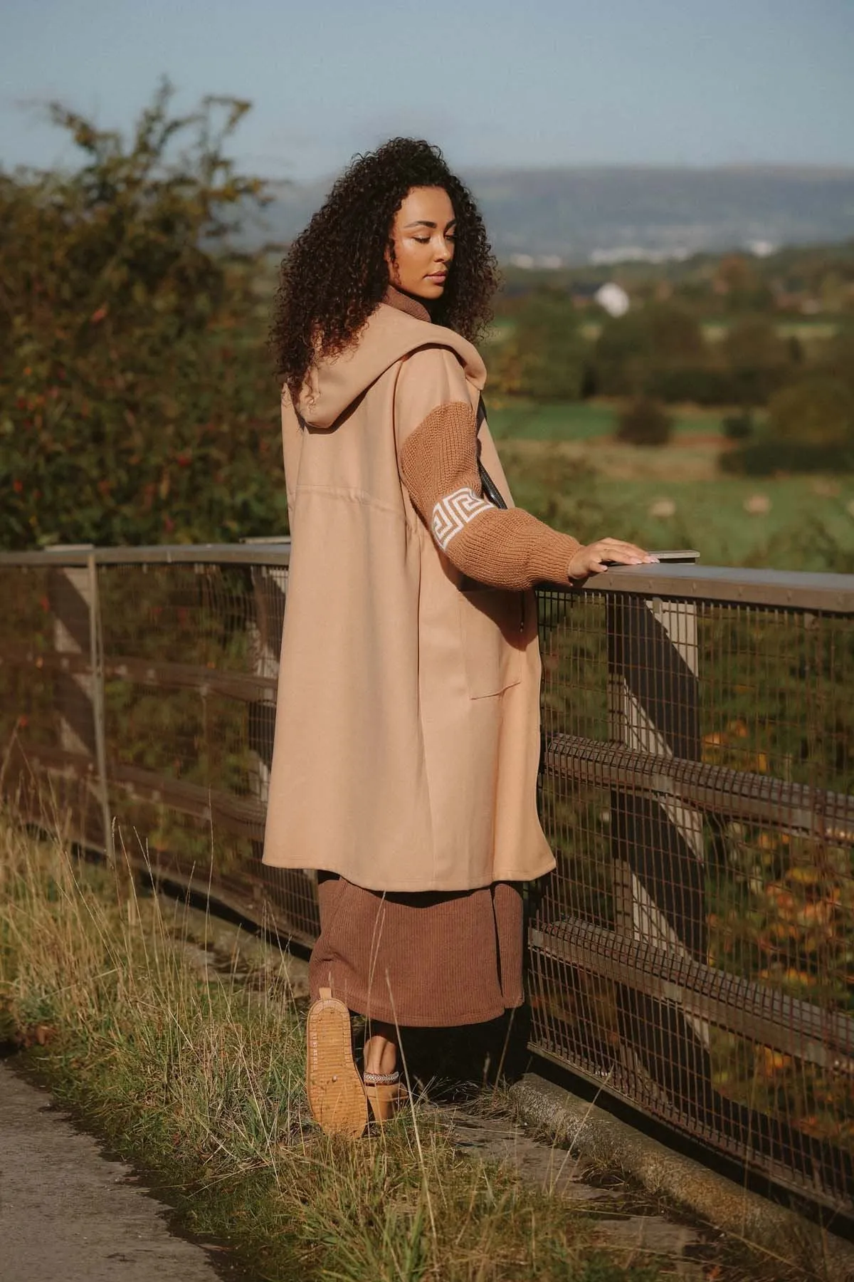 Plain Greek Key Knit Sleeve Waist String Jacket