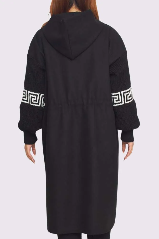 Plain Greek Key Knit Sleeve Waist String Jacket