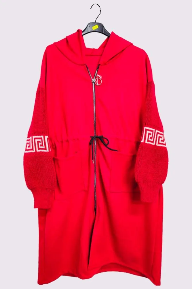 Plain Greek Key Knit Sleeve Waist String Jacket