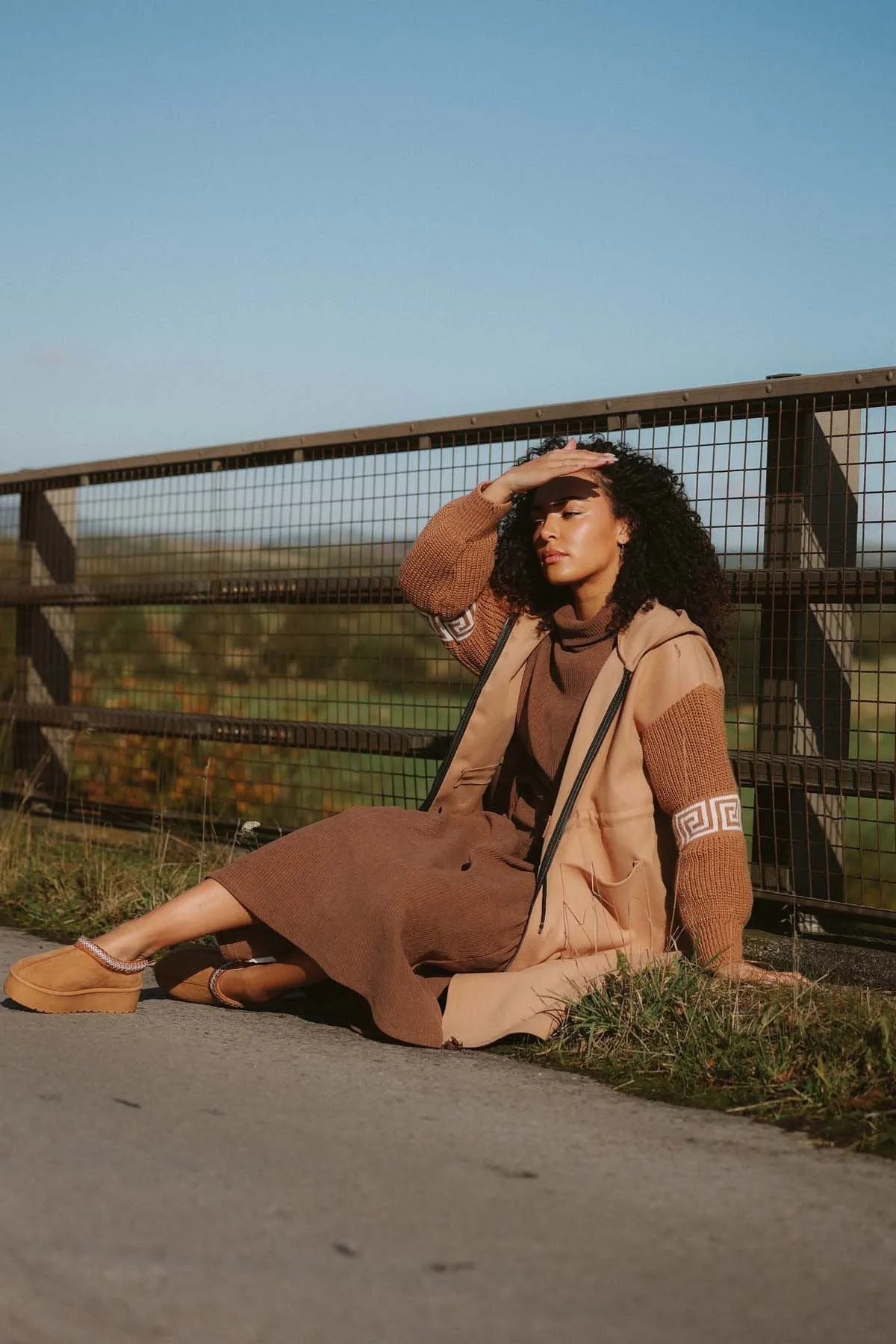 Plain Greek Key Knit Sleeve Waist String Jacket
