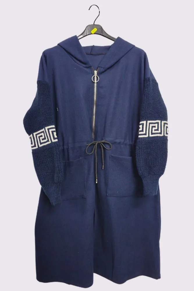 Plain Greek Key Knit Sleeve Waist String Jacket
